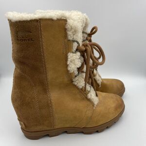 Sorel Joan of Arctic Wedge II Shearling Womens Boots Size 9 Camel Leather NL3369